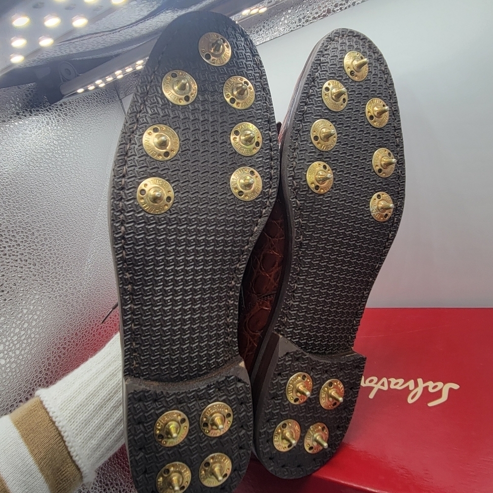 Authentic SALVATORE FERRAGAMO Brown Leather Alligator Golf Shoes Kilts 9 AA BOX - Picture 4 of 13